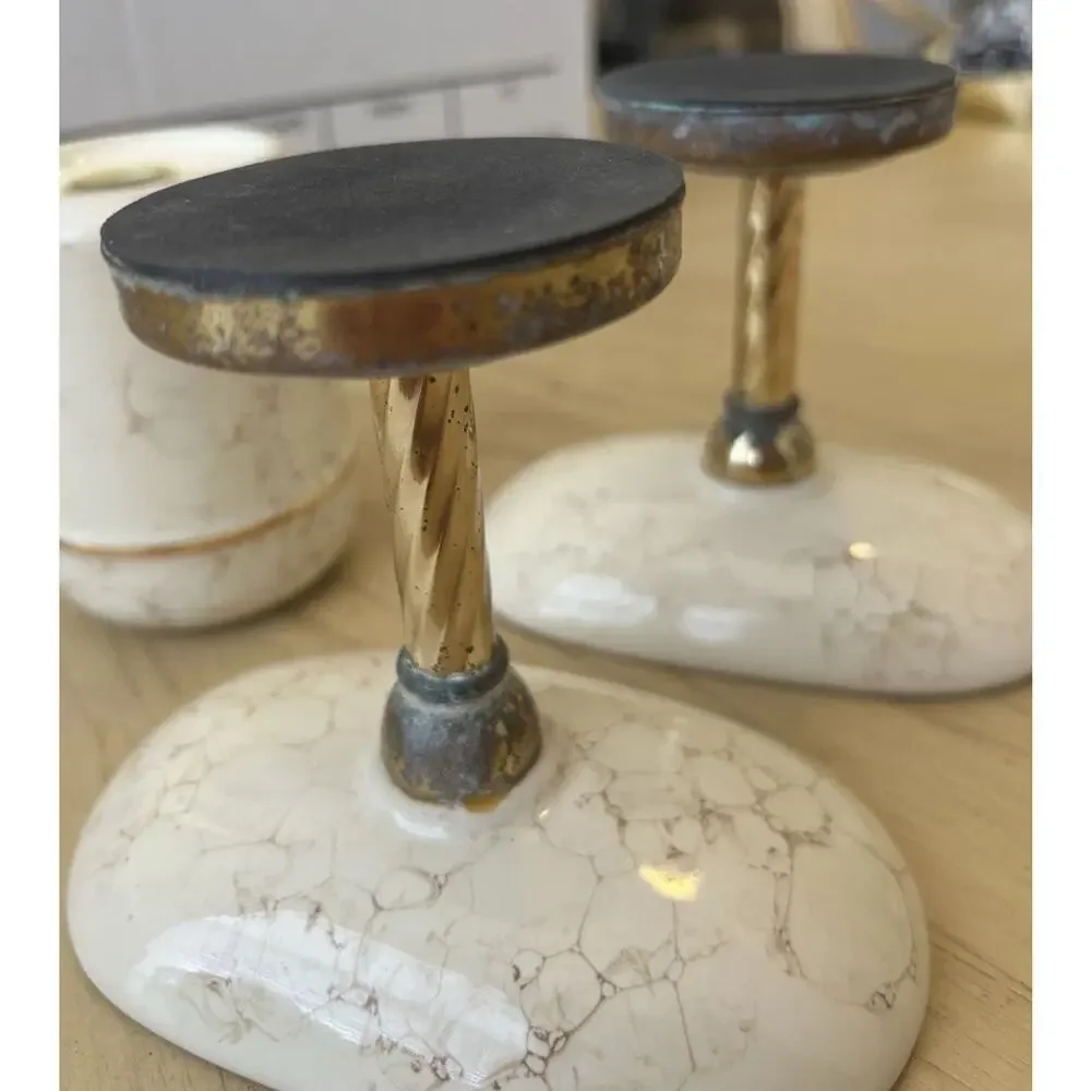 Vtg Brass Pedestal Soap Dish & Holder Porcelain Marbled Regency Decor Set 3